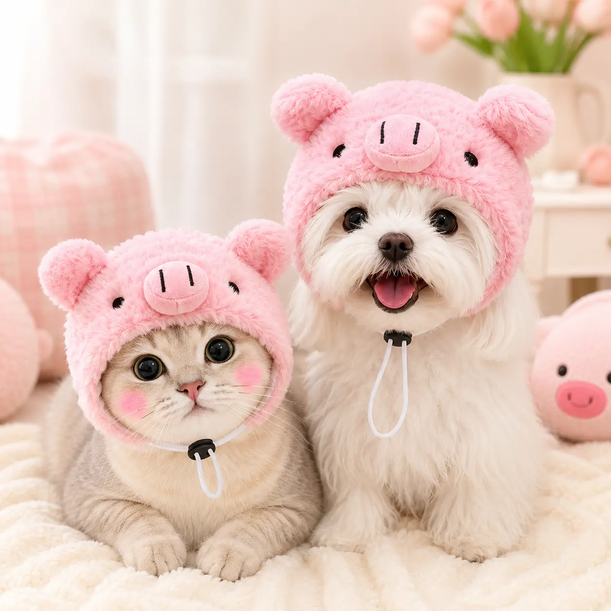 Soft Polyester Pink Pig Headband Hat for Cats, Adjustable Strap Fuzzy Costume with Cute Ears & Snout, Adorable Look Photo Accessory for Pet Parties & Everyday Wear