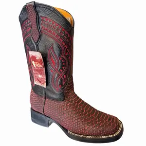 Red Black Western Cowboy Boots – Square Toe Embroidered Leather / Botas Vaqueras Rojas