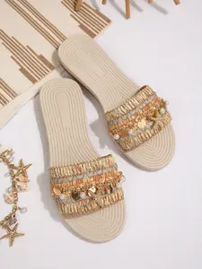 Beach Vacation Style Knitted Starfish Pearl Sandals for Women, Square Toe Flat Bottom Slip-On Slippers, Summer Ethnic Style Versatile Shoes