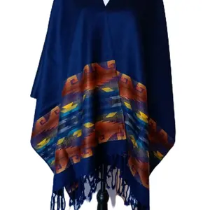 Artisanal Andean Poncho REVERSIBLE Blue Black sides, handmade in Ecuador