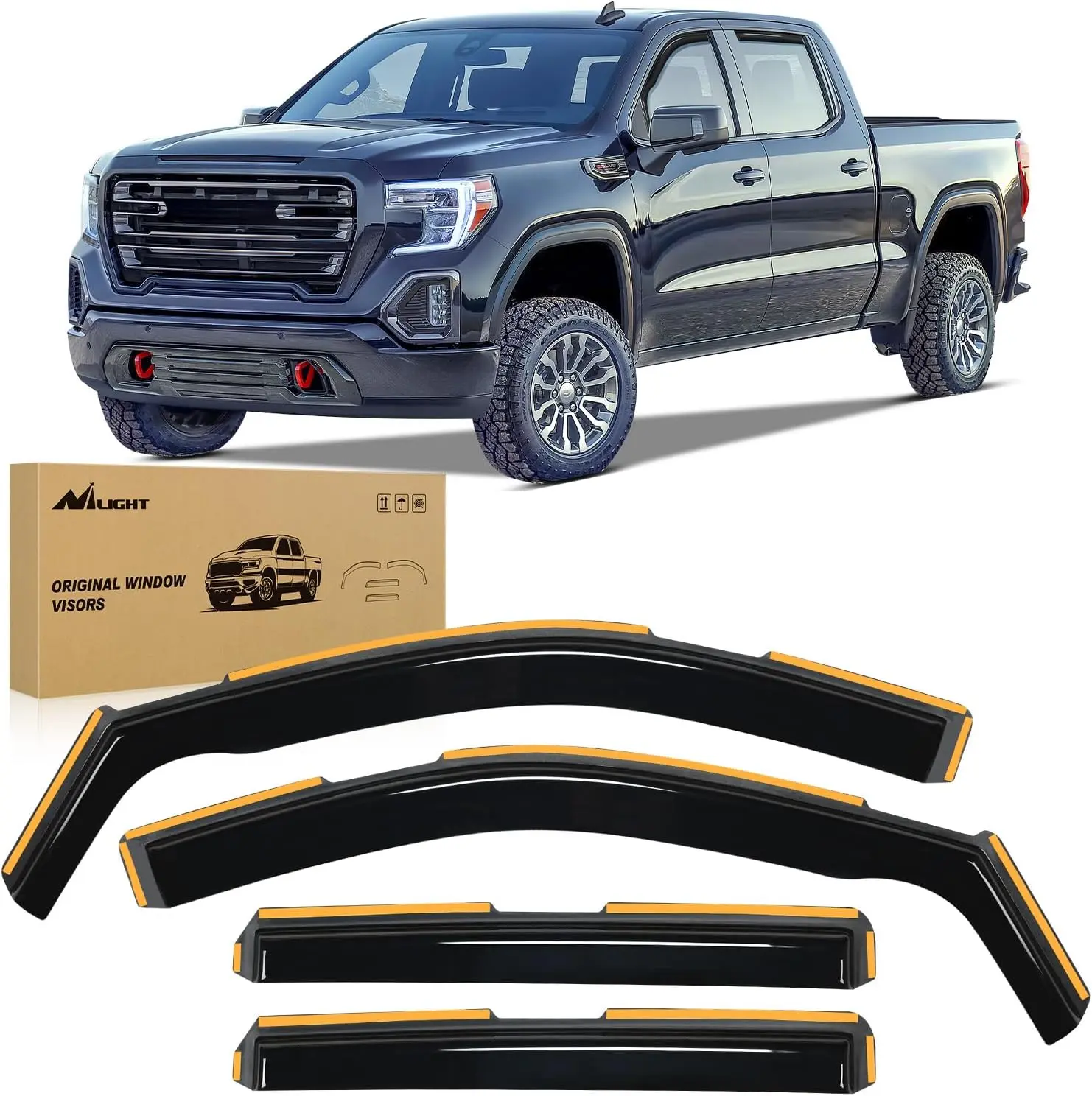 Nilight 4 Pcs Acrylic In-Channel Vent Window Rain Guards for Vehicle, Aerodynamic Waterproof Tool-Free Accessories with Self-Adhesive 78inch Double-Sided Tape & 12pcs Clips, Fit Chevrolet Silverado 1500/GMC Sierra 1500 Crew Cab 2019-2025 Truck, 4 Pcs Rain