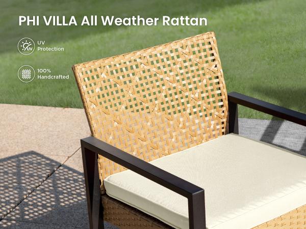 Phivilla Home 4-Piece Outdoor Wicker Patio Furniture Set, Cushioned Rattan Loveseat & Chairs, with Acacia Wood Coffee Table, Elegant All-Weather Seating for Garden, Backyard & Poolside, SpringGlowUp