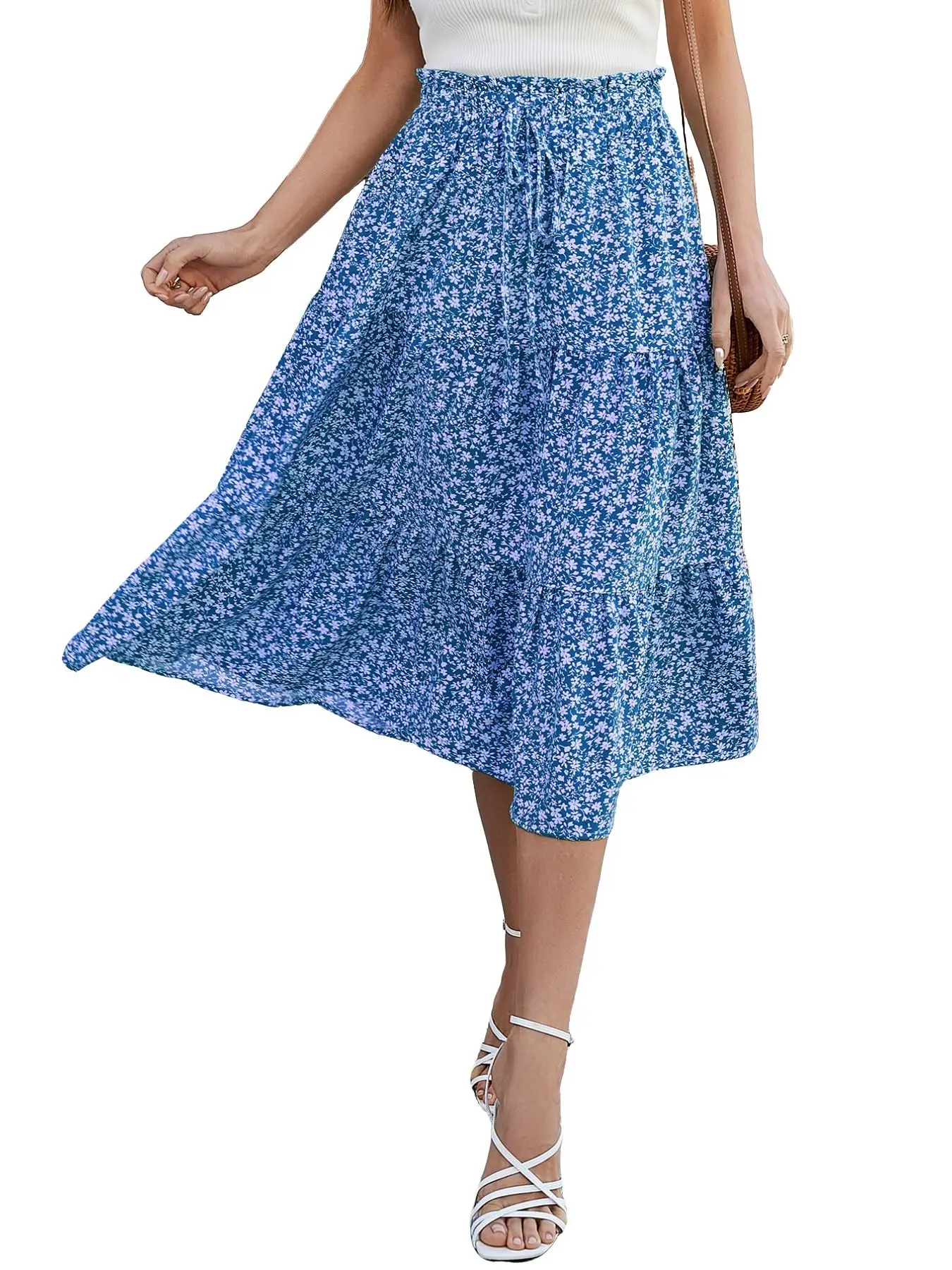 Women's Layered Flowy Boho Floral Print Pleated Skirt with Elastic Waist, Pleats, and Pockets, Bottom, Flowy Tiered Skirt