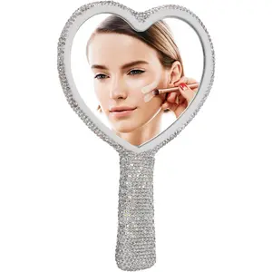Heart Shaped Handheld Mirror with Rhinestone, Portable Single-Sided Makeup Mirror for Wome, Bling Cosmetic with Handle for Travel, Lash and Beauty Use