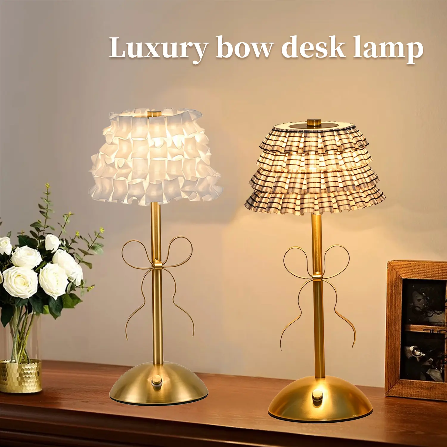 Luxury Bow Table Lamp - Elegant Gold LED Desk Lamp with Ruffled Shade, Wedding Centerpiece Decor Light, Romantic Table Lighting for Bedroom, Living Room, Office & Events