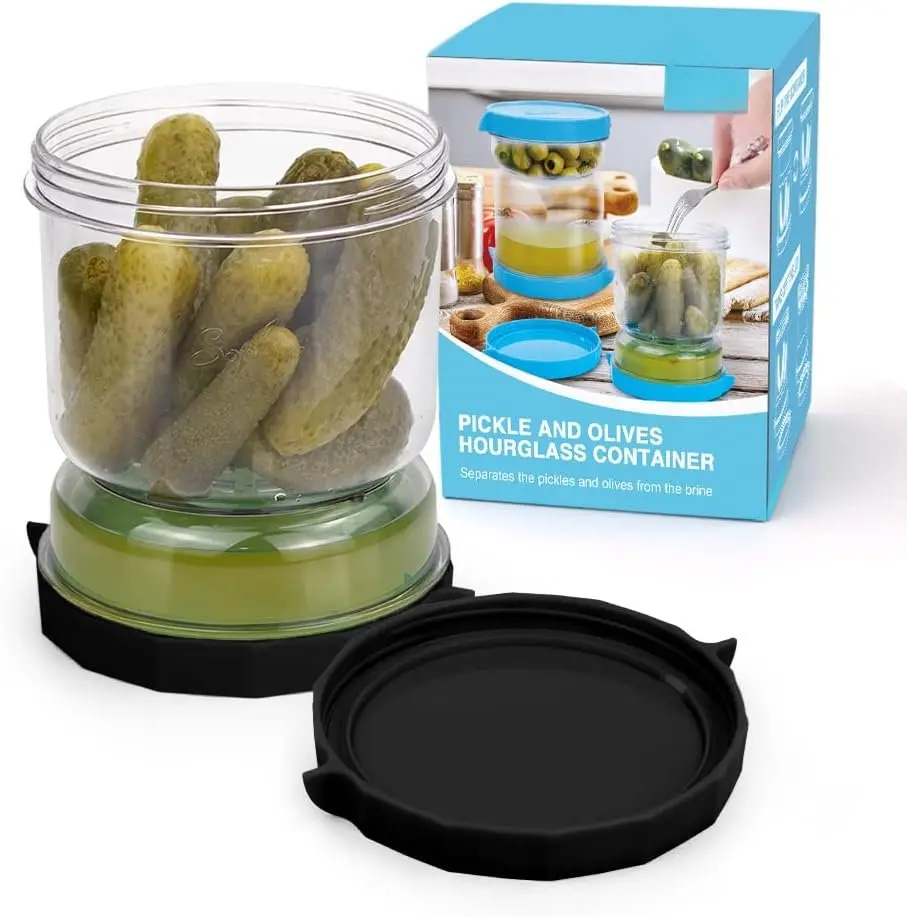 Kitchen Pickle & Olive Jar Canister Utensils - Flip Strainer, Leakproof Airtight Juice Separator, Reusable Hourglass Container, Maintains Freshness (Transparent Black)