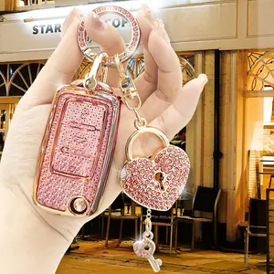 Rhinestone Decor Car Key Case with Heart-shaped Lock & Keycgain, 1 Count Decorative Car Key Fob Cover, Car Key Protector, Car Key Holder, Car Key Accessory for Volkswagen Sprint Boraie Lavida Golf Polo Smart Remote Control Key