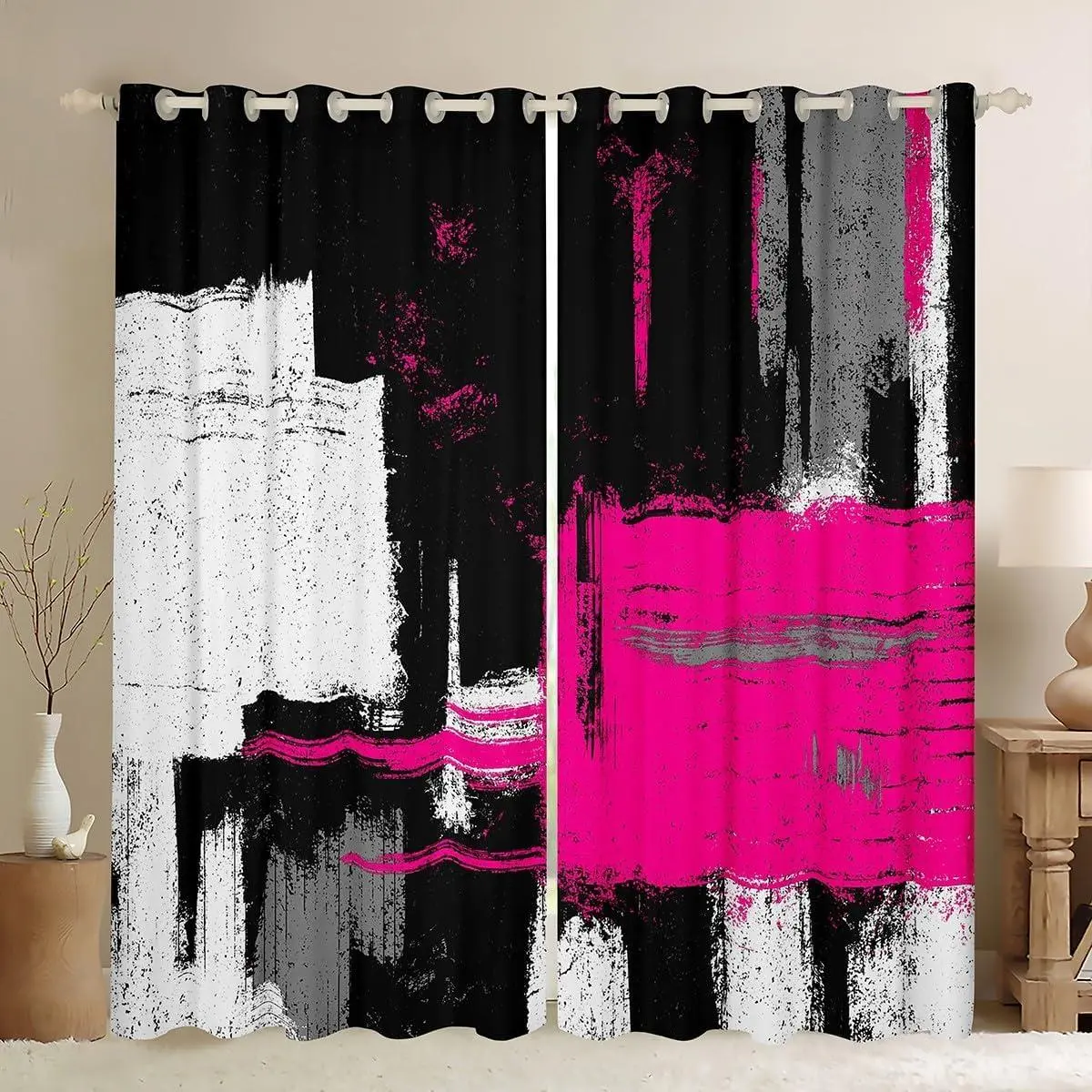 Hot Pink Black White Curtain Abstract Morden Window Drapes Buffalo Check Blackout Shades Bedroom Decor Soft Microfiber Geometric Window Treatments