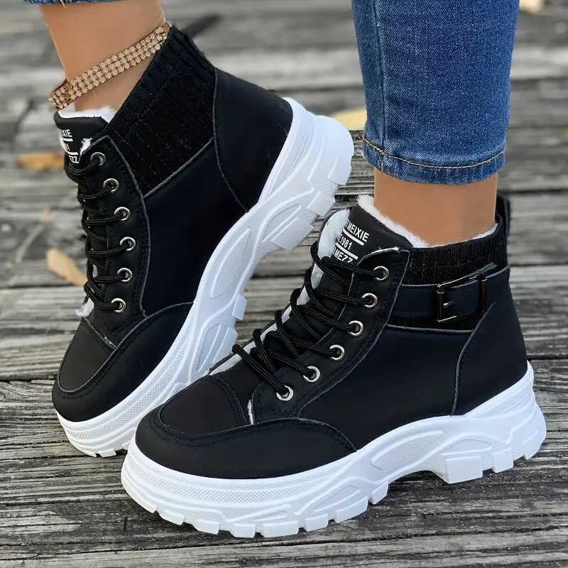 Trendy Plush Lined Thermal Furry Snow Boots, Casual Versatile Fall Winter Warm Snow Shoes, Casual Versatile Wear Resistance Non Slip Snow Sneakers