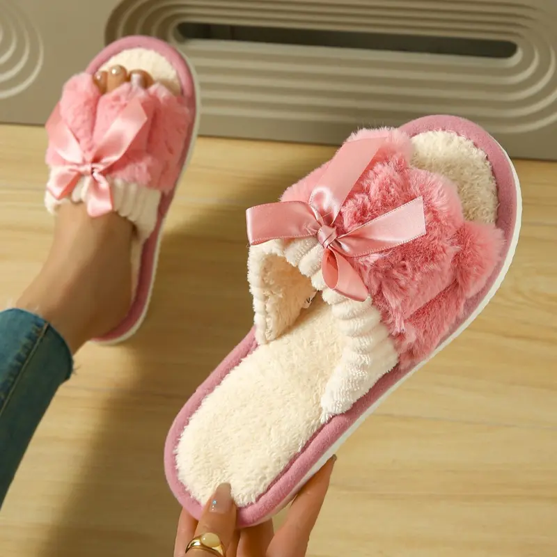 Women's Cute Bowknot Design Plush Slippers, Casual Soft Comfortable Fashionable Home Slippers, Warm Slippers for Indoor & Outdoor Use for All Seasons