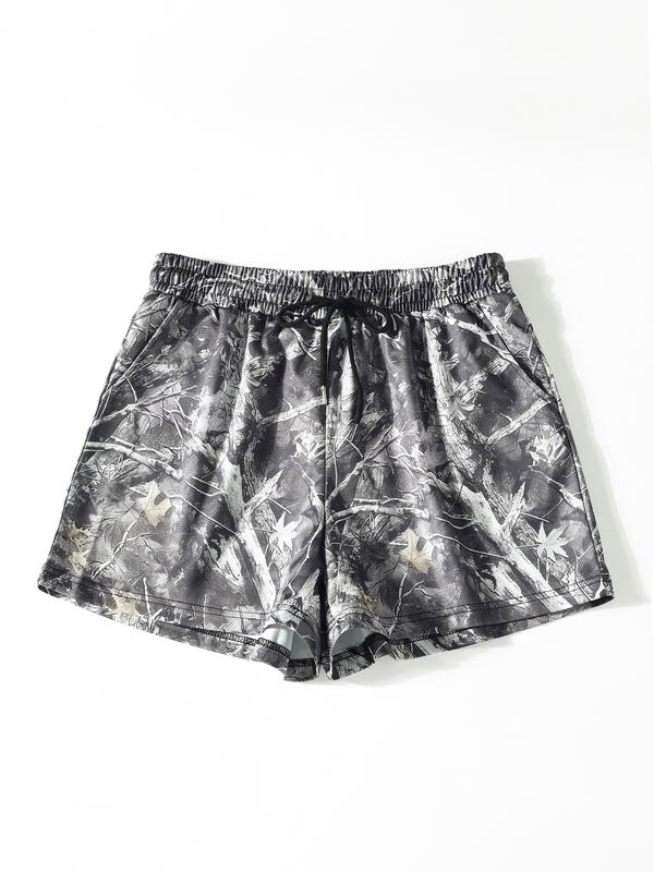 Vintage Street Withered Branch Camo Print Loose-Fit Gym Shorts, Casual All-Season Wear, Moderate Fabric Thickness, Kint Style, Athletic Shorts