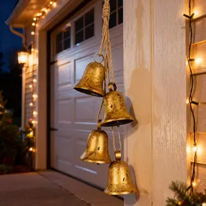4-Pack Vintage Golden Bell Set, Rustic Farmhouse Christmas Decor, Durable Metal Hanging Ornaments, Tree, Wreath, Window & Door Decoration