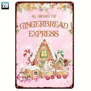 1PC Vintage Metal Sign - Pink Gingerbread Train & House with Snowflakes, 20.32x30.48cm