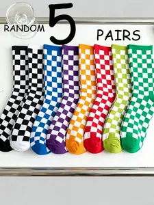 Random 5 Pairs Colorful Checkered Mid-Calf Socks, Comfortable and Stylish Footwear, Perfect for Daily Wear, Versatile and Durable Design