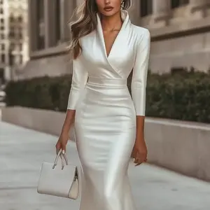 White Satin Deep V - neck Dress, Autumn & Winter Mid - sleeve High - waist Style, Asymmetric Hem, Suitable for Workplace Commute & Dinners