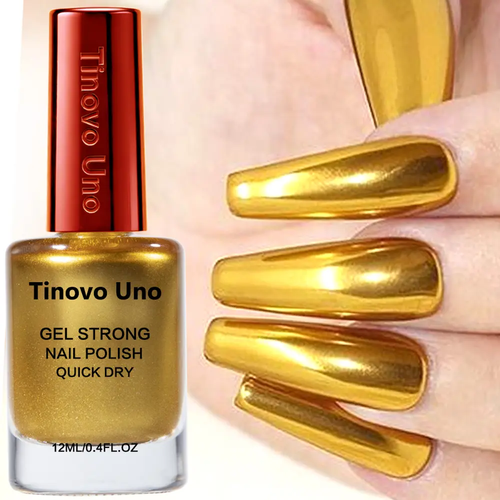 Tinovo Uno Golden mirror-effect nail polish, no-dry-time formula, chrome metallic finish, alcohol-free for long-lasting wear, Summer Nails, Nail Art, Manicure, Durable