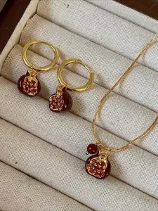 Vintage Garnet Pendant Necklace Earrings Set, Cute Design Copper Chain Jewelry for Women, All Season Party Style Accessories