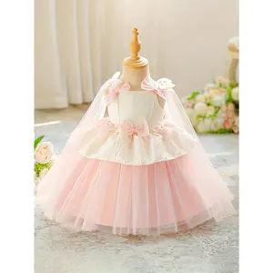 New(New)Christmas Pink and White Princess Dress for Girls, Bow Tulle Dress, Flower Girl Wedding Dress