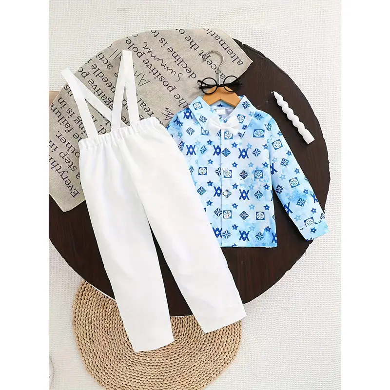 Ready Stock Kid Boys Gentleman Outfits 4Y,5Y,6Y,7Y Boys Geometric Printed Long Sleeve Shirt with Detachable Bow Tie + Suspender Pants – Stylish for Parties & Daily Wear 42508019