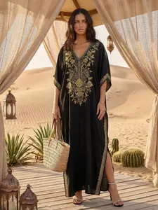 EDOLYNSA kaftan dresses women's beach wear Black robe embroidered lounge wear seaside daily wear caftan casual relaxed bathing suit cover up Homewear Ethnic Pattern Kaftan Q1642