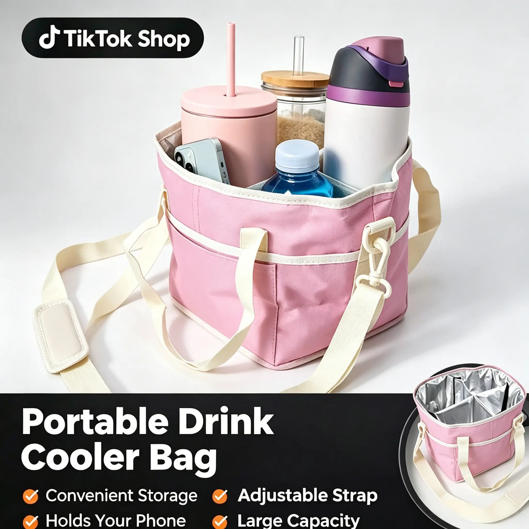 Family Size 4 Compartment Insulated Drink Carrier Bag with Adjustable Strap, Beverage Tote for Tumblers, Water Bottles & Cups