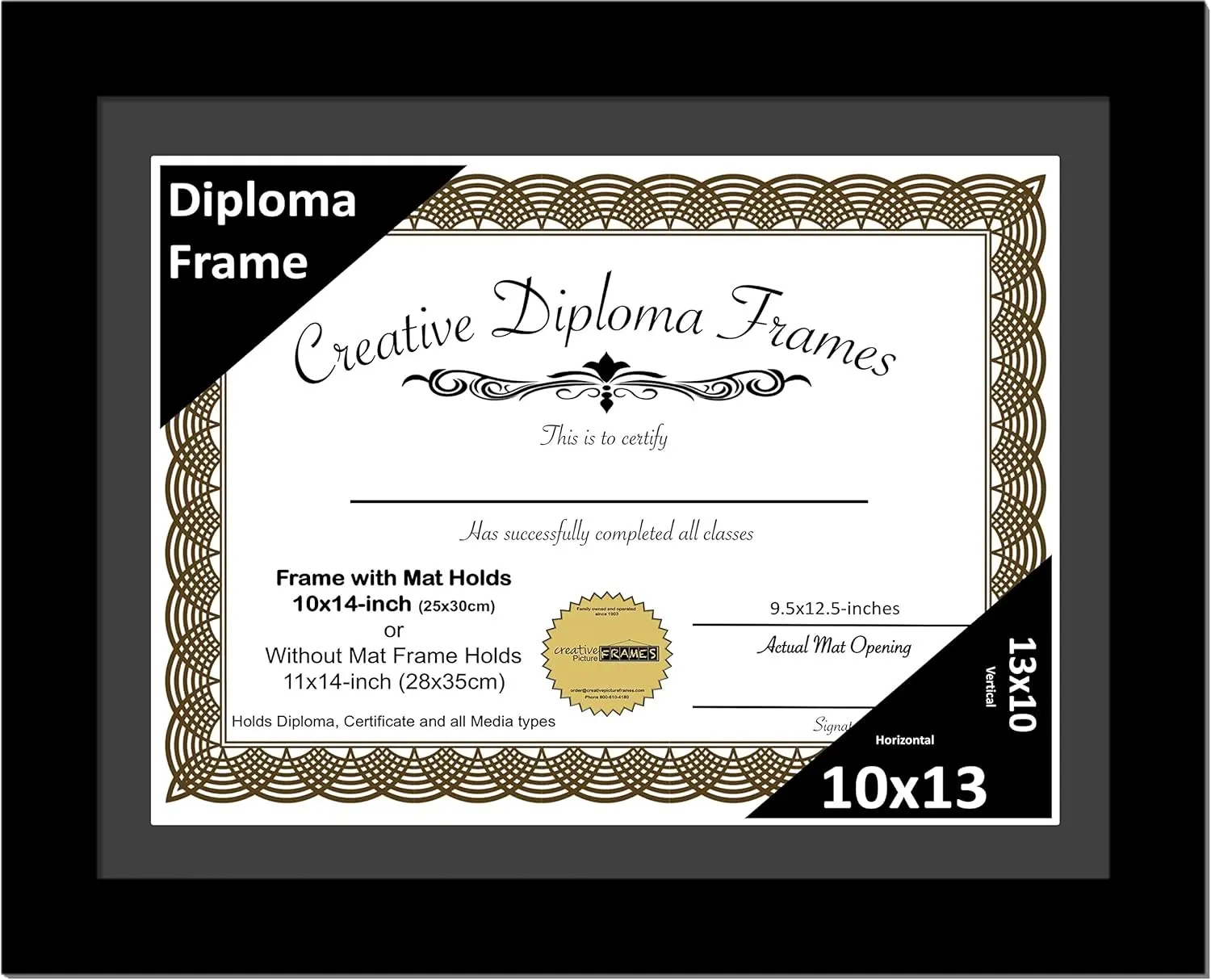 Creative Picture Frames 10x13 Modern Black Diploma Frame with Black Mat including Glass | Frame Holds 11x14 Media without Mat