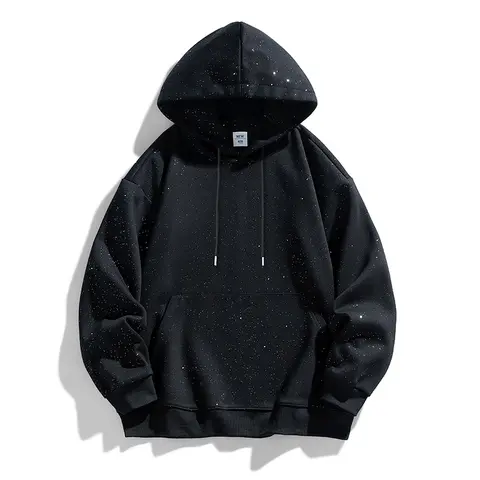 Men's Sequin Star Fitted Hoodie - Stylish Retro Long-Sleeve Polyester Pullover, Menswear Athletic Indoor Streetwear, Personalized Foldable Basic Top (Size M)