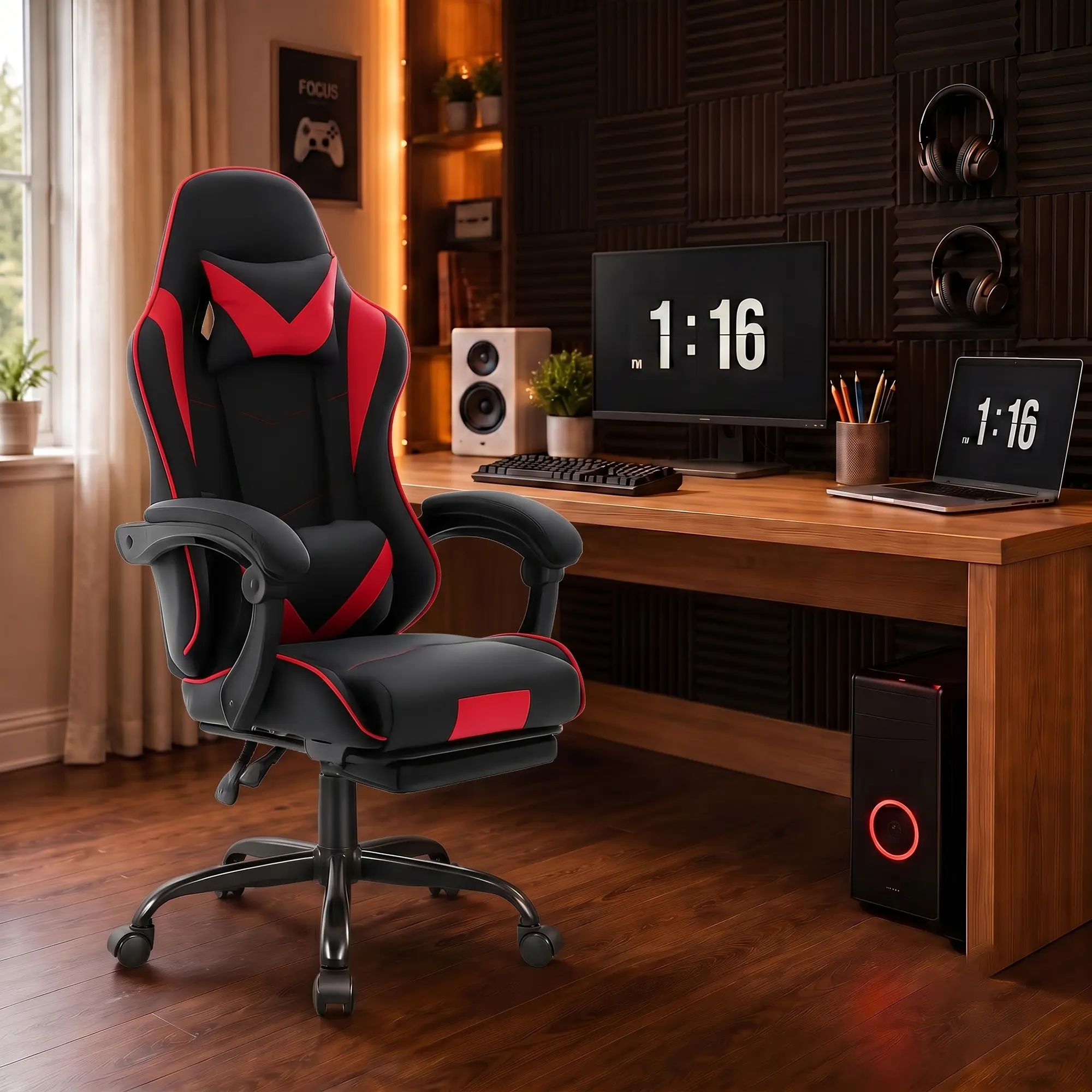 GASEE Ergonomic Gaming Chair High Back Office Chair with Lumbar Support and Adjustable Armrests Swivel Racing Chair, Black Red