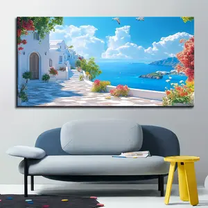 1.5" Thick Pinewood Frame Santorini Seascape Canvas Wall Art - Panoramic Aegean Sea Landscape Painting, Office Decor - Vibrant Greek Island Wall Decor And Birthday Gift Idea, Coastal Home Decor Poster Decoration Print Artwork Ornaments Artistic Room Photo