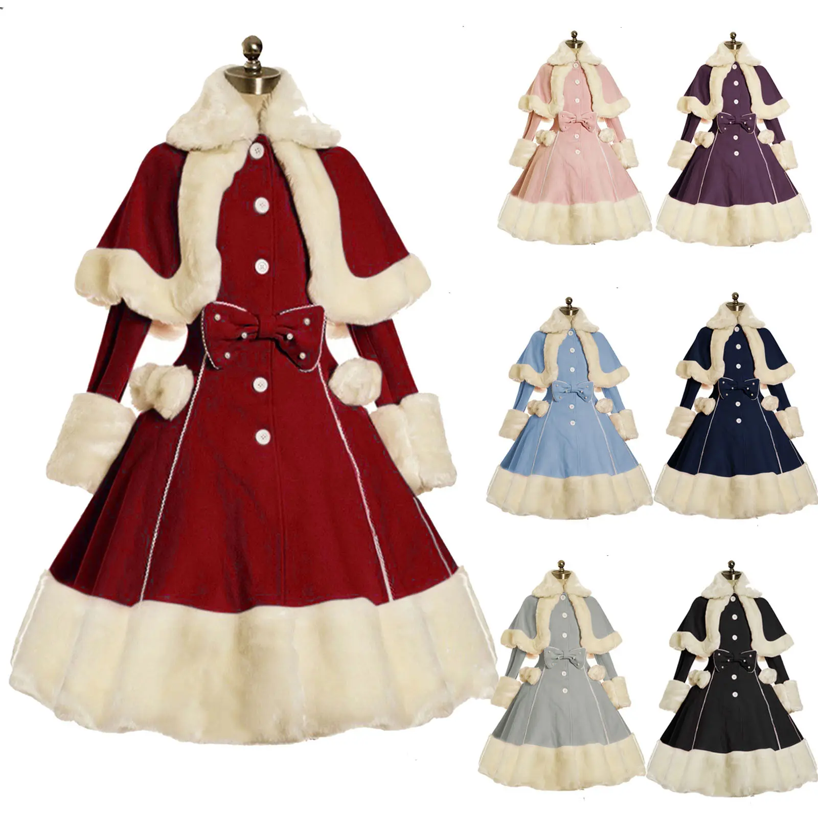 NEW  Women's Vintage Winter Fur Warm Coat Dress Shawl Collar Bowknot Warm Coat with Pocket trench coat