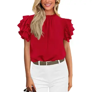 Womens Blouse 2025 Spring Summer Dressy Casual Ruffle Short Sleeve Frill Mock  Work Shirt Tops Fashion Clothing