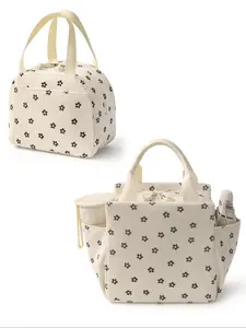 Floral Pattern Reusable Lunch Bag, Large Capacity Insulated Lunch Bag with Handle, Portable Lunch Box Bag for Outdoor Camping Picnic