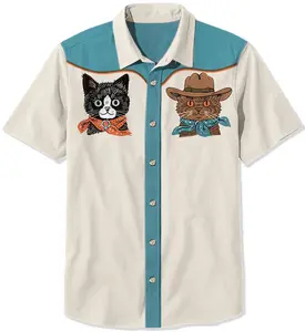 Western Cowcats Hawaiian Shirt Short-sleeve Button-down Cat Lover Gift