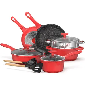 imarku Pots and Pans Set,11 Pieces Nonstick Kitchen Cookware Set with steamer,Induction Kitchen Cookware Easy to Clean,w/Frying Pans & Saucepans(PFOS, PFOA Free),RED Glass Silicone Handles Lids  Ceramic