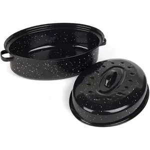 16 Inch Roasting Pan with Lid - Covered Oval Roaster - Enamel Carbon Steel Roaster Pot - Excellent Heat Distribution and Non-sticky - for Turkey Chicken Meat & Vegetables -Birthday and Holiday gifts