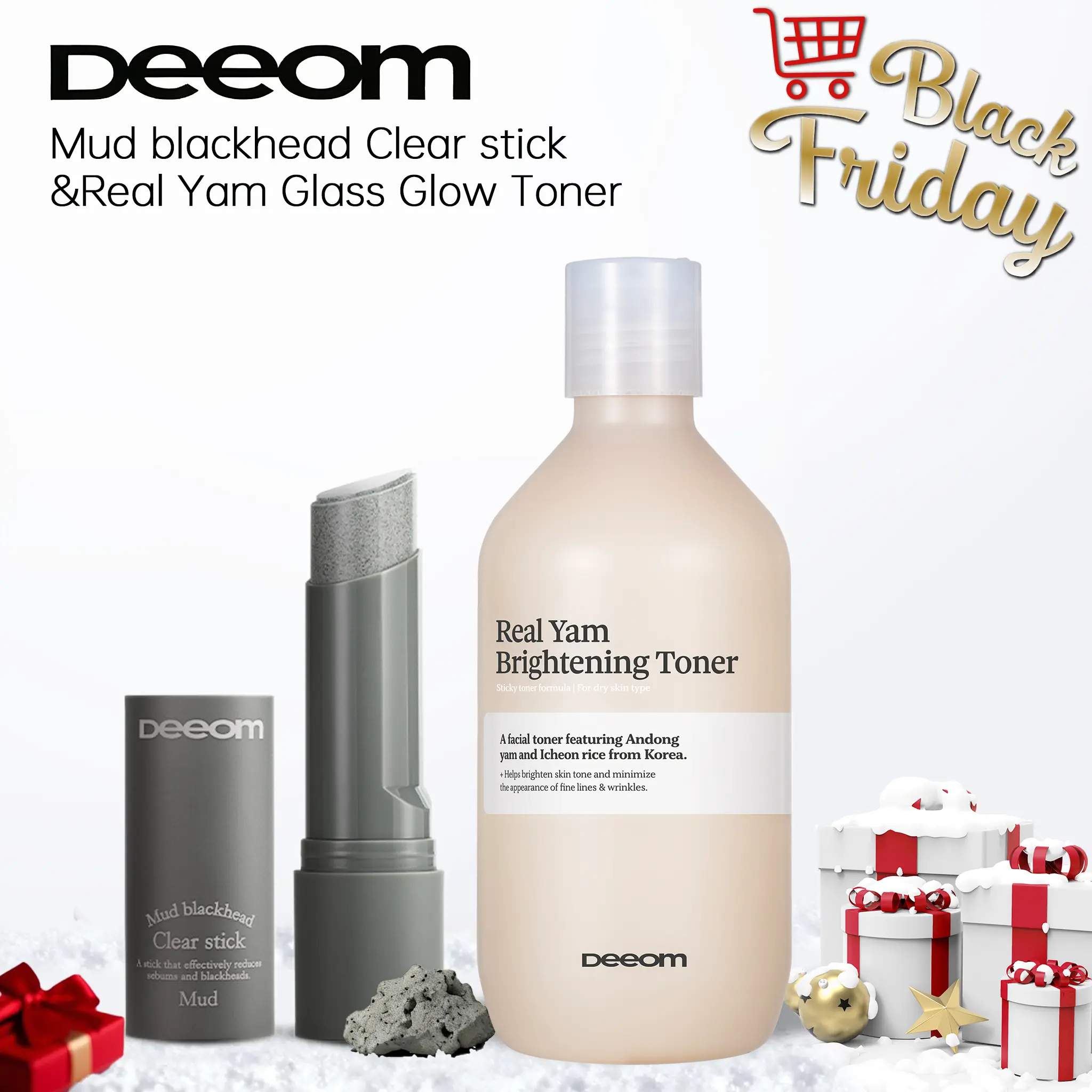 【Korean Brand Deeom】Black Friday & Christmas Promotion Duo - Kaolin Blackhead Stick + Yam Glow Toner, Cleanse & Remove Blackheads for Refreshed Luminous Skin