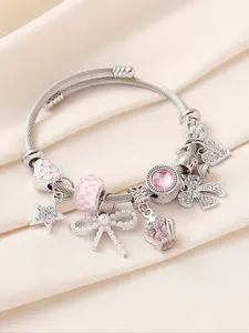Rhinestone Crown & Bow & Heart Charm Decor Cuff Bangle, Rhinestone Decorated Bangle, Stainless Steel Bracelet, Elegant Jewelry for Women for Party, Daily Clothing Decor, Trendy All-match & Exquisite Jewelry for Gift