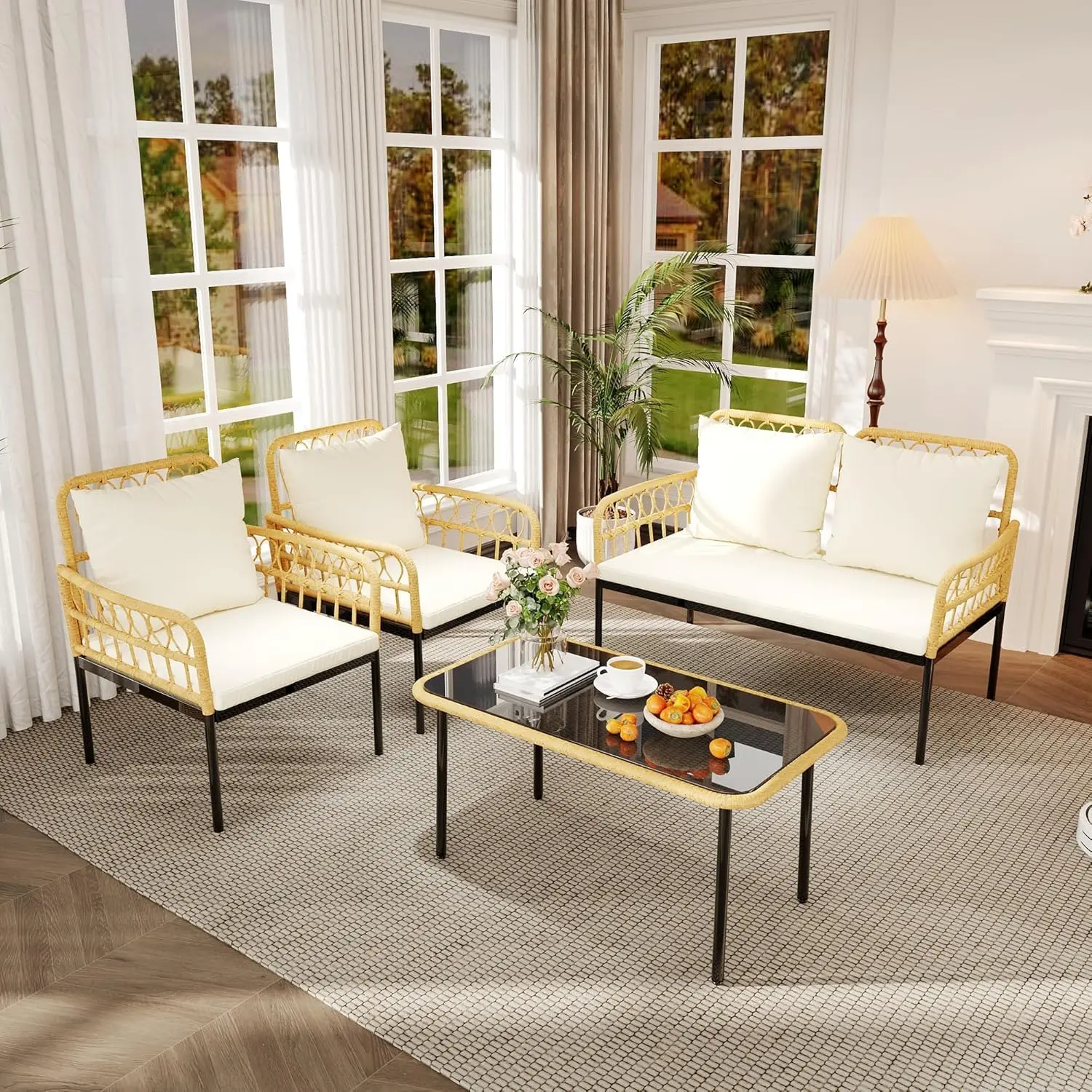 4-Piece Outdoor Wicker Patio Bistro Set – All-Weather Rattan Furniture with Loveseat, 2 Cushioned Armchairs & Glass Coffee Table – Perfect for Porch, Balcony, Deck or Garden Relaxation