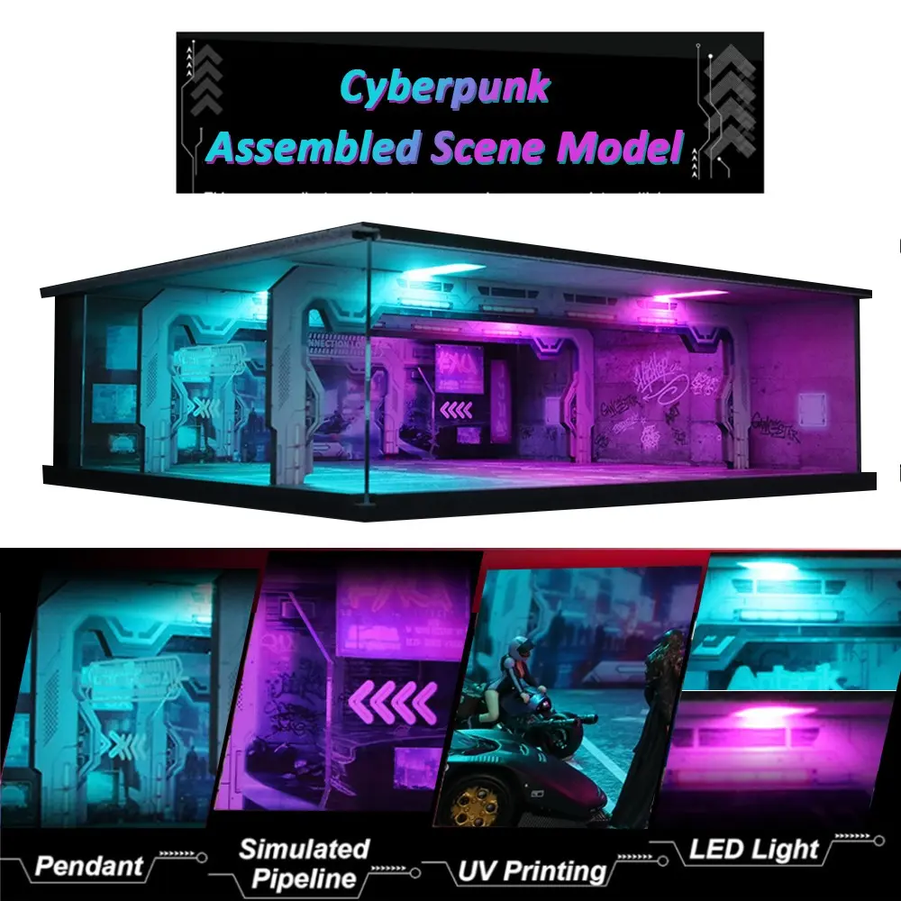 Diorama 1:64 Cyberpunk Series Scene Car Parking Lot Model LED Lighting Cool Car Garage Model Mini Die-cast Car Collection Car Display Case Scale Model City Street Scene Model Car Matching Model