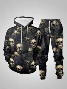 Men's Gothic Style 2-Piece Set, Streetwear Tracksuit Set, Hooded Sweatshirt & Pants, Fall Winter Fashion, Comfortable Sportswear, Gold Skull Print