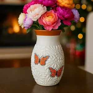Talavera Flower Vase | Orange Butterfly | White & Terracotta