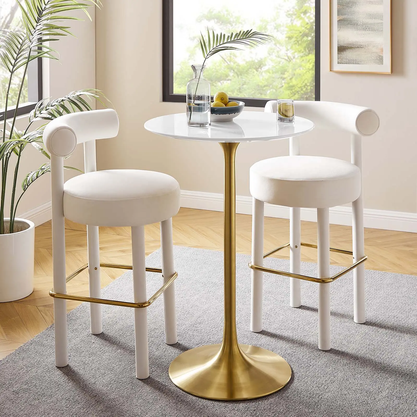 Modway Lippa 28" Round MDF Wood Top Pedestal Bar Table with Beveled Edge, Gold-White Indoor Furniture, Stylish Design
