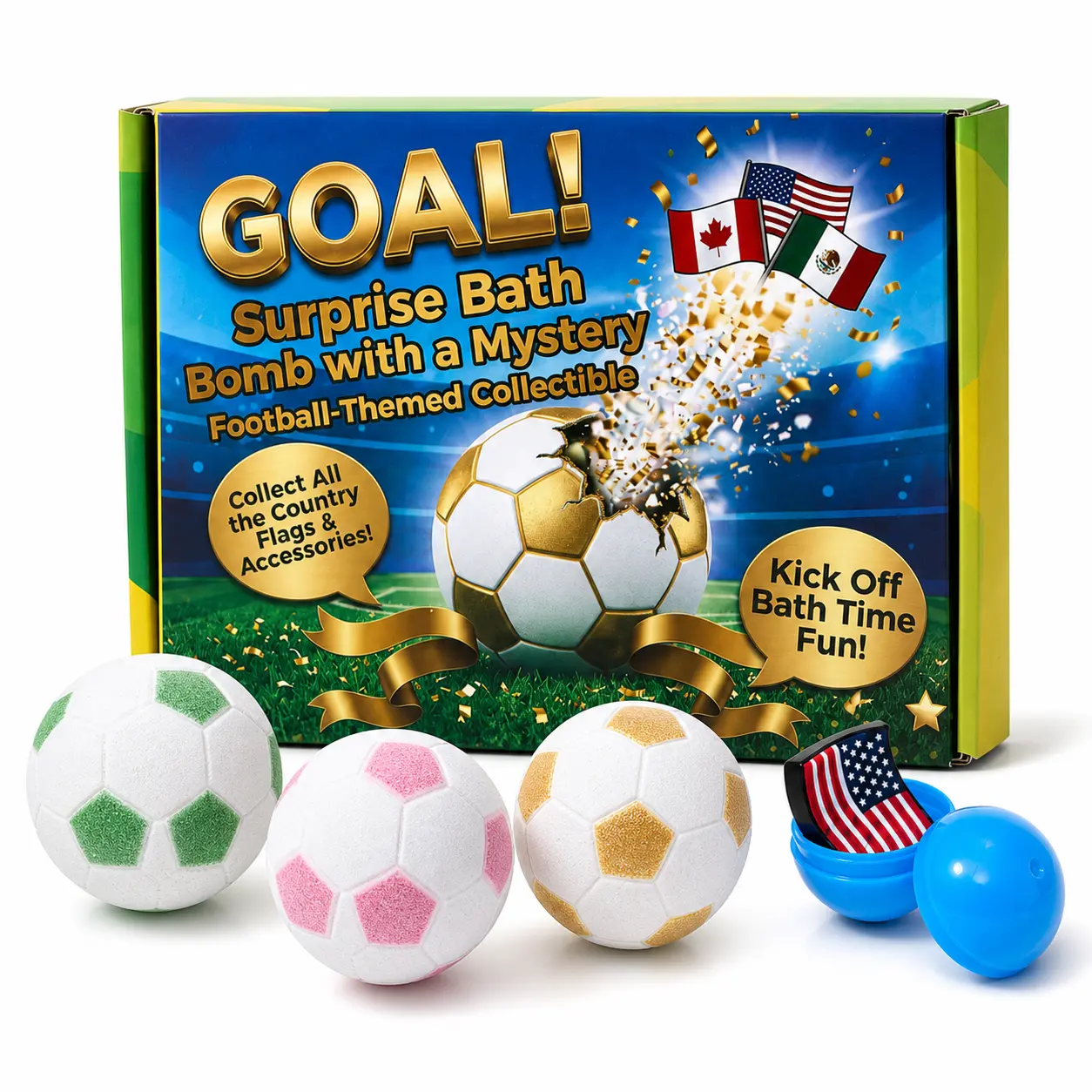 Summerwins Soccer-Themed Bath Bombs for Kids with Surprise Toys, Shoe Charms & Flag Collectibles Inside, 12 Pack Fizzy Bath Bomb Gift Set, Vibrant Colors