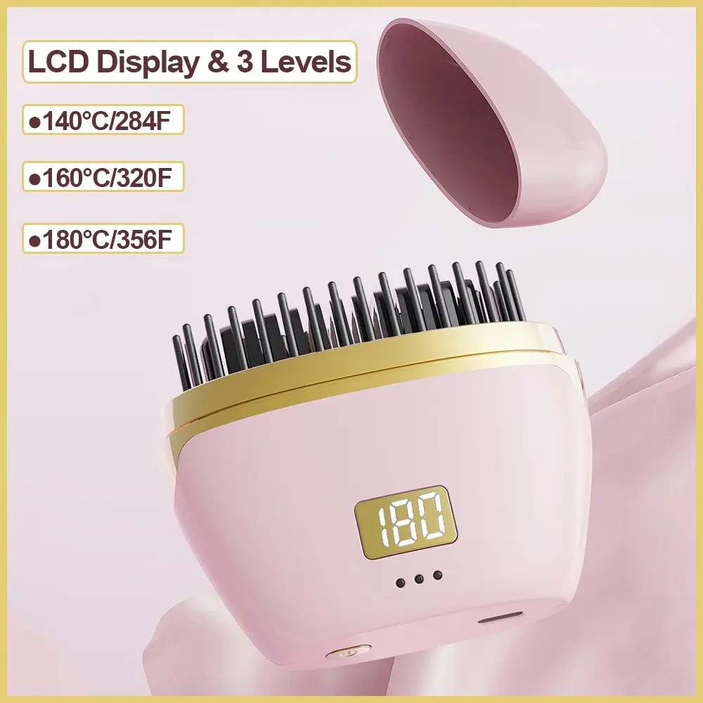 1pc LCD Display Compact Wireless Hair Straightening Comb, Portable USB Charging Travel Essential Brush, Three Temperature Levels Fast Heating Plates for Hair Smoothing, Hair Styler Heated Comb, Thermal Brush Straightener, Hair Styling Tools