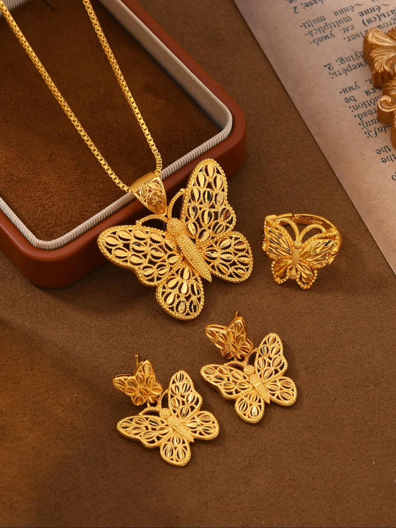 24k Gold Plated Elegant Matching Jewelry Set, 4 Piece Butterfly Copper Wedding Party Set, Includes Necklace Earrings Ring, Valentine's Day Gift for Women