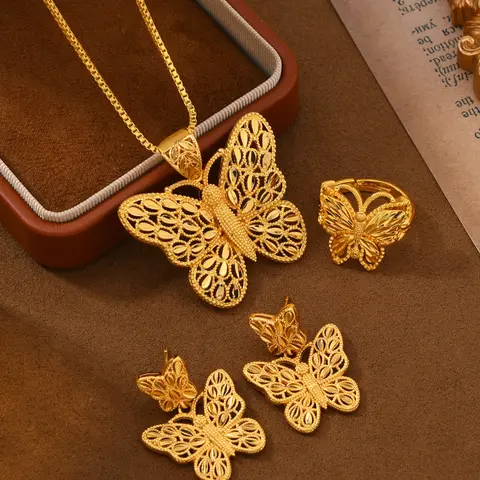 24k Gold Plated Elegant Matching Jewelry Set, 4 Piece Butterfly Copper Wedding Party Set, Includes Necklace Earrings Ring, Valentine's Day Gift for Women