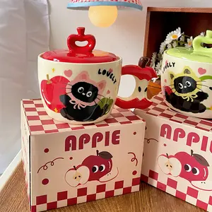 Cat Ceramic Mug With Apple Lid GIFT SET Adorable Cat Design 15 fl oz Premium Ceramic Construction Cute Apple-Shaped Handle Dishwasher Safe Ideal Gift