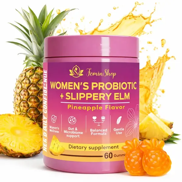 Her Juicy Feminine Probiotics Gummies for Women – All in One Support with Slippery Elm, Prebiotics XOS & Lactobacillus Probiotic Blend for pH Balance, & Dryness – Pineapple Flavor 60 Count Probiotics Women