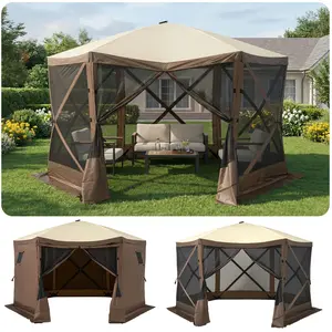 Aoxun  Pop Up Gazebo Screen Tent, 6-Sided Canopy Tent with Carry Bag and Stakes, Screen House Sun Shelter Tents for Camping, Backyard, Patio, Lawn, Brown