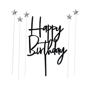 Black Happy Birthday Cake Topper Set – 1 Acrylic Topper + 5 Silver Star Cupcake Picks, Party Decoration for Birthday Cakes, Elegant Modern Cake Décor